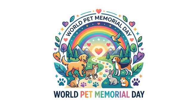 World Pet Memorial Day rainbow remembrance illustration with dogs cat rabbit bird and small pets in peaceful nature tribute landscape isolated transparent background