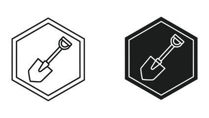 Minimalist shovel and pickaxe icon set in hexagon frame © MDAROB