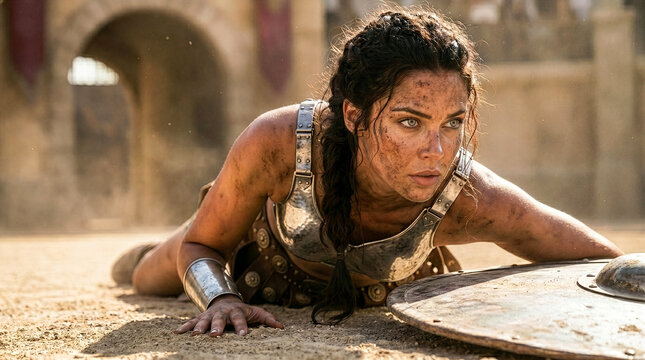 female gladiator knocked down