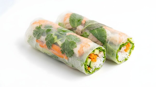 Fresh vibrant vietnamese spring rolls, translucent wrappers reveal colorful fillings, studio isolated on white background, ideal presentation commercial usage.