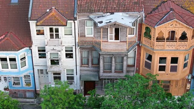Colorful Houses in the Kuzguncuk Neighborhood Drone Video , Doors and Turkish Street Cats, Kuzguncuk Neighborhood Uskudar, Istanbul Turkiye (Turkey)