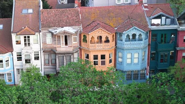 Colorful Houses in the Kuzguncuk Neighborhood Drone Video , Doors and Turkish Street Cats, Kuzguncuk Neighborhood Uskudar, Istanbul Turkiye (Turkey)