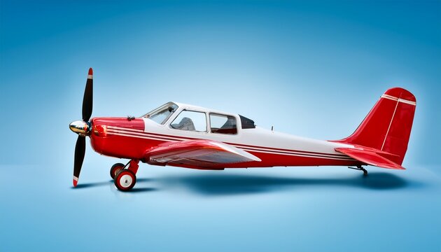 small red and white propeller airplane sits on light blue background the compact aircraft has two side windows and a classic design front prop is visible it a single engine plane