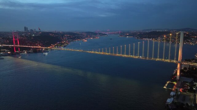 Yellow and Red 15 July Martyrs Bridge Night Lights Drone Video, Kuzguncuk Beylerbeyi District Uskudar, Istanbul Turkiye (Turkey)