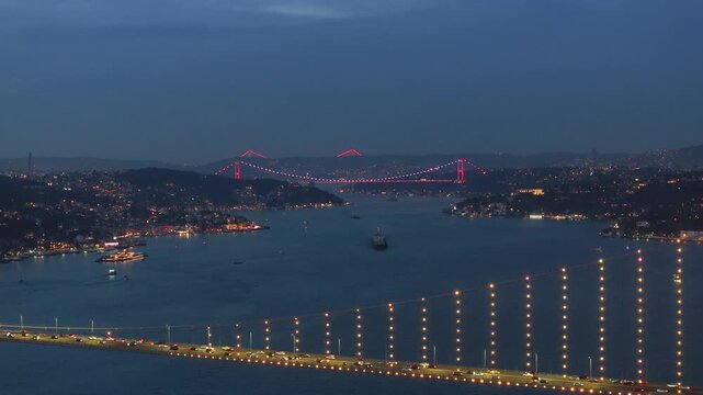 Yellow and Red 15 July Martyrs Bridge Night Lights Drone Video, Kuzguncuk Beylerbeyi District Uskudar, Istanbul Turkiye (Turkey)