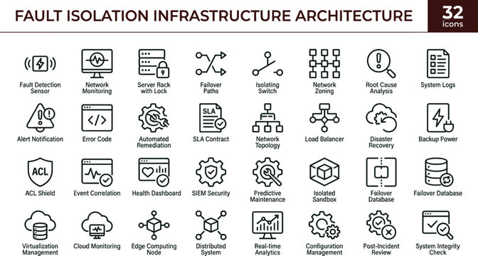 Fault Isolation Infrastructure Architecture Icon Set Featuring System Monitoring Failure Recovery and Network Reliability Concepts