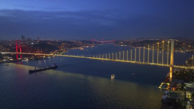 Yellow and Red 15 July Martyrs Bridge Night Lights Drone Video, Kuzguncuk Beylerbeyi District Uskudar, Istanbul Turkiye (Turkey)