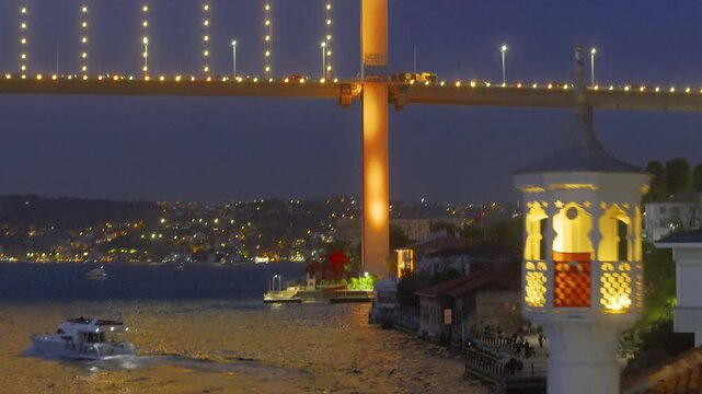 Yellow and Red 15 July Martyrs Bridge Night Lights Drone Video, Kuzguncuk Beylerbeyi District Uskudar, Istanbul Turkiye (Turkey)