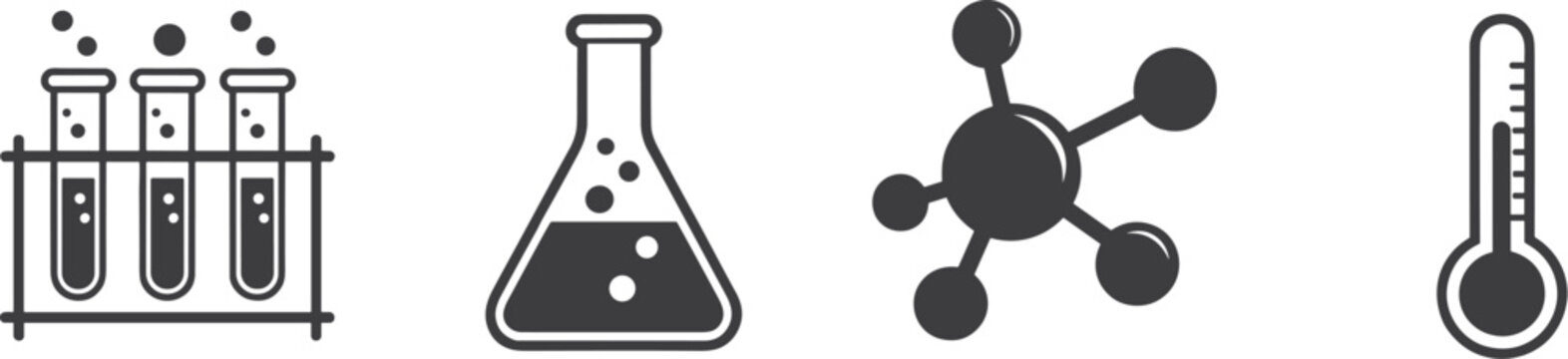 Scientific laboratory equipment including test tubes beakers molecules and thermometer icons isolated on white