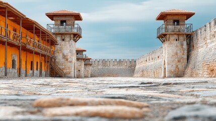 Fototapeta premium Ancient stone fortress with watch towers and wooden balcony on cloudy day