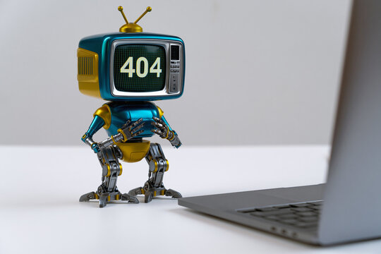 Petit robot autonome affichant une erreur 404 (page web non trouv&eacute;e) sur son &eacute;cran, face &agrave; un ordinateur portable.
