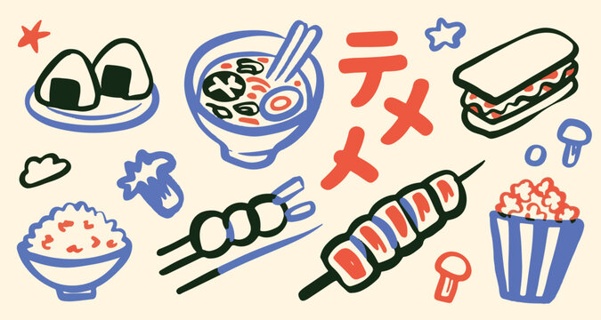 Set of asian food icons including ramen bowls and dango sticks and rice bowls with rice balls and sandwiches in doodle style.