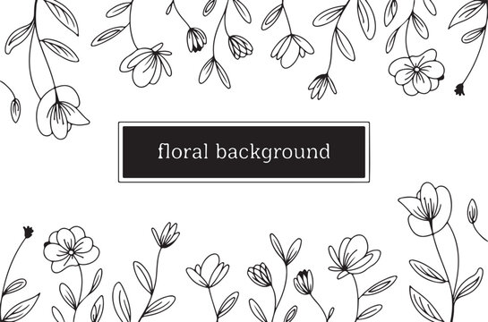 Floral background template with delicate hand drawn flower sketches and leaf branches forming a natural border for banner copy.