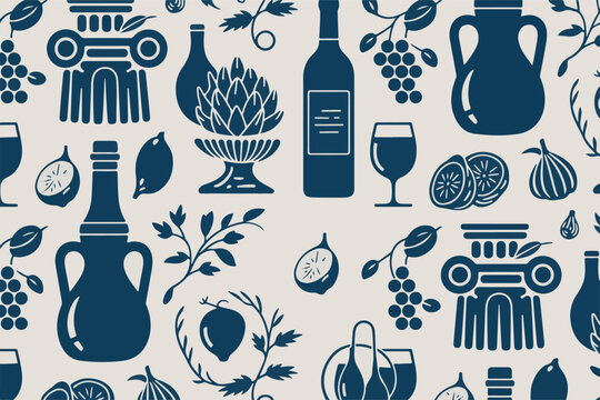 Mediterranean inspired seamless pattern with various elements. vintage style illustration. traditional food and drink theme.
