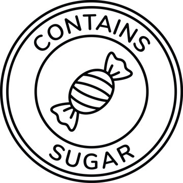 Contains sugar food label icon, black and white candy warning stamp, sweet ingredient vector sign