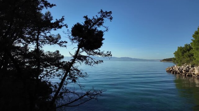 Rocky Adriatic Sea coastline with Mediterranean pine trees and turquoise water near Malinska - Krk Island, Croatia. Panning view from the Paradise Coastal Trail or seaside promenade on a sunny day.
