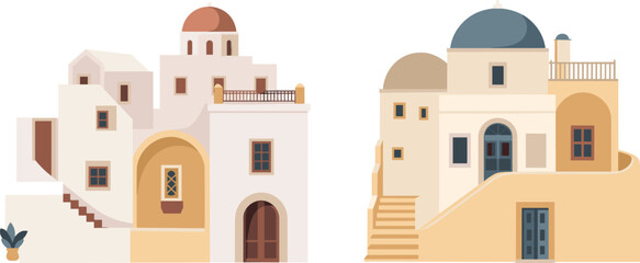 Traditional Greek Architecture Buildings of Santorini Island with White Houses and Blue Domes, Mediterranean Summer Travel Destination Flat Vector Illustration Set © monoara