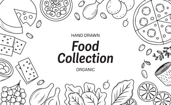 Hand drawn food collection banner featuring organic snacks pizza cheese and fresh vegetables in sketchy style on gray background.