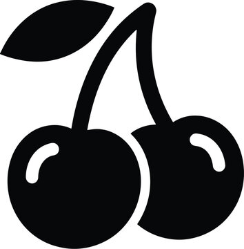 Minimalist cherry icon vector, black silhouette of sweet cherries with leaf, simple fruit graphic for food branding and menu design