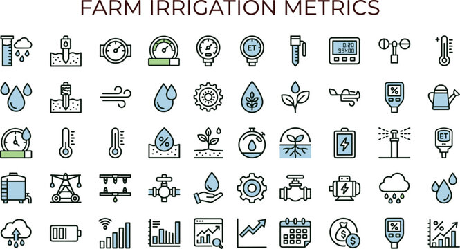 Farm Irrigation Metrics Icon Set Featuring Smart Water Monitoring Precision Agriculture and Sustainable Farming Concepts