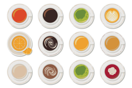 Set of 12 hot beverage cups, including tea, coffee, matcha, latte, chocolate, and orange tea, presented on white background.