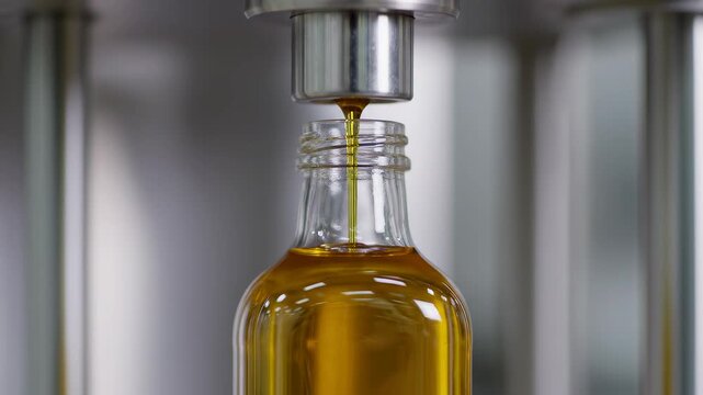 Industrial machine filling glass bottle with oil in factory