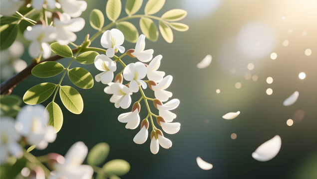Fresh white locust flowers blooming on branches in early summer breeze