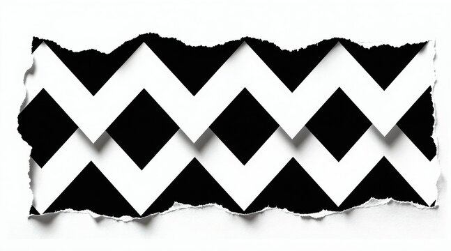 Monochrome zigzag pattern abstract background. White paper torn edges reveal black and white geometric shapes. Clean graphic element for design.