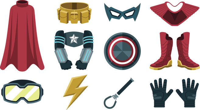 Superhero Costume Gear and Armor Vector Icon Set Featuring Red Cape Utility Belt Shield Boots Mask Lightning Bolt Goggles and Tactical Gloves