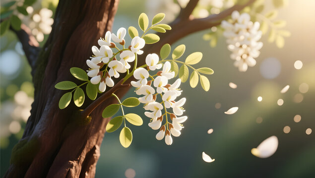 Snow-white locust flowers blooming on branches in early summer breeze
