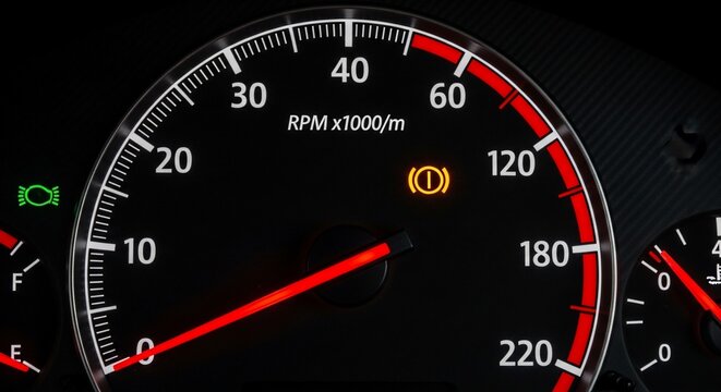 Close-up of a cars dashboard showing the tachometer and a warning light.