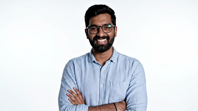 Smiling south asian man with beard and glasses, arms crossed, looking at the camera, isolated on white background