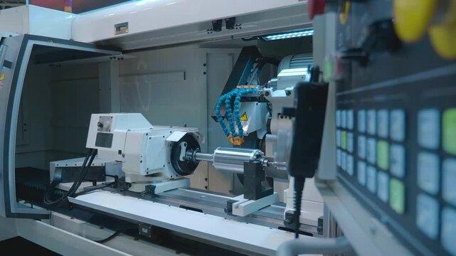 In the milling machine, a shiny metal part rotates in demo mode and the cooling module moves synchronously. Shot in motion 