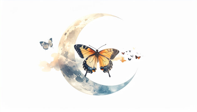 Butterfly on crescent moon illustration