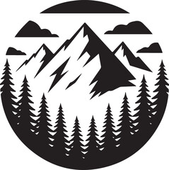 Obraz premium Sharp mountain peaks rise above a dense pine forest in this circular black and white woodcut illustration that emphasizes high contrast and bold graphic lines for a rustic feel.