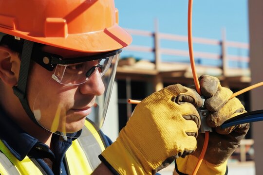 Electrician wears safety helmet and gloves works with wires on building site. Concentrated man connects orange electrical cable at new construction project.
