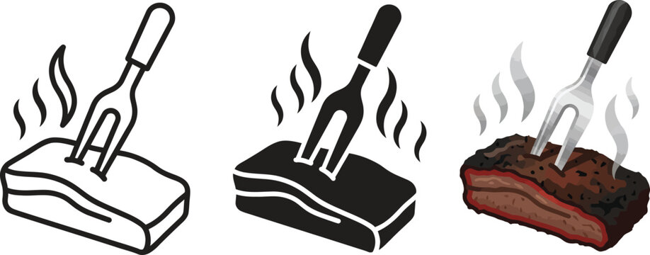Set of hot cooked meat icons with a carving fork featuring outline glyph and detailed styles perfect for food apps and menus