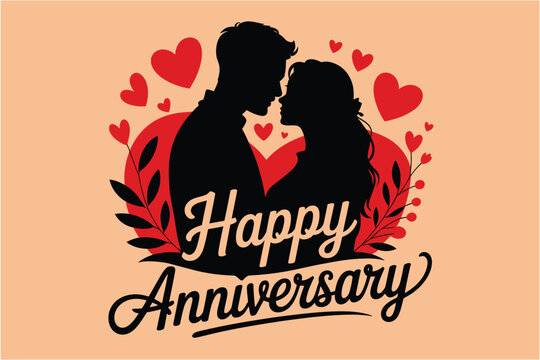 A romantic silhouette illustration of a couple about to kiss surrounded by decorative red hearts for an anniversary celebration