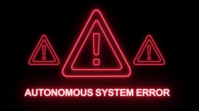 Glowing red neon autonomous system error warning sign with flashing triangle alert for cybersecurity, artificial intelligence failure, digital technology malfunction, and critical software data breach