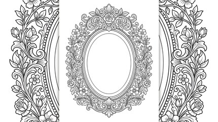 Obraz premium Ornate oval mirror frame decorated with roses and baroque floral filigree, black and white coloring page line