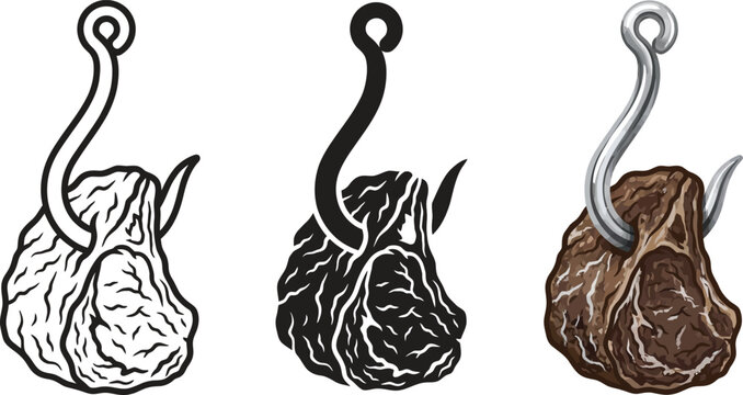 Collection of fishing hooks with raw meat bait presented in outline silhouette and colored styles ideal for concepts of temptation or strate