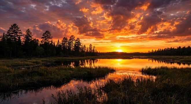 Vibrant sunset over serene wetland landscape with reflections