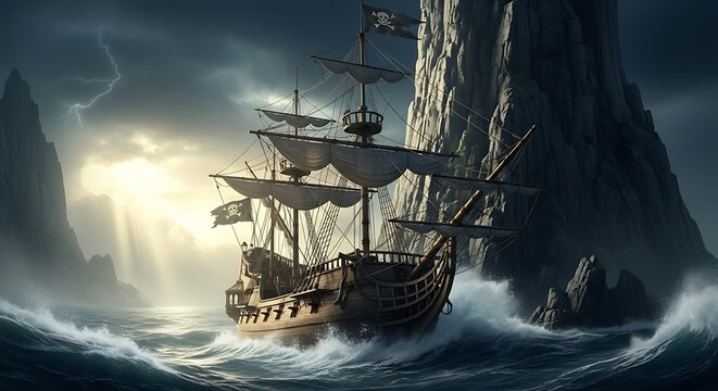 Pirate ship navigates stormy seas near rocky cliffs under dramatic lightning
