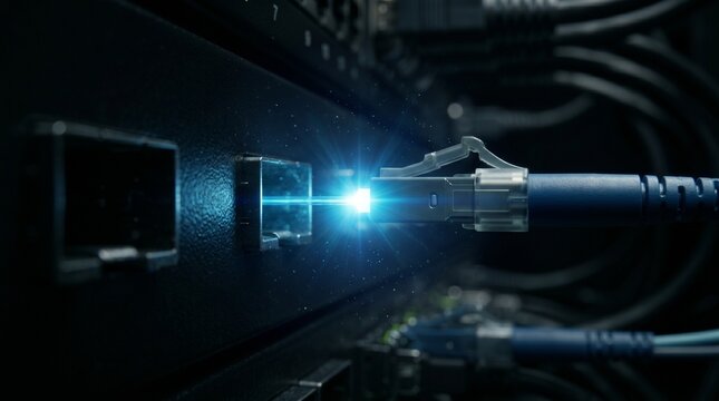 Glowing Blue Fiber Optic Cable Plugged Into Network Switch