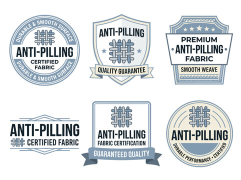 Anti pilling fabric certification label set, textile weave emblem for clothing quality, white background vector