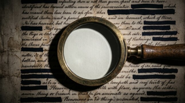 Vintage Magnifying Glass Over Redacted Secret Document