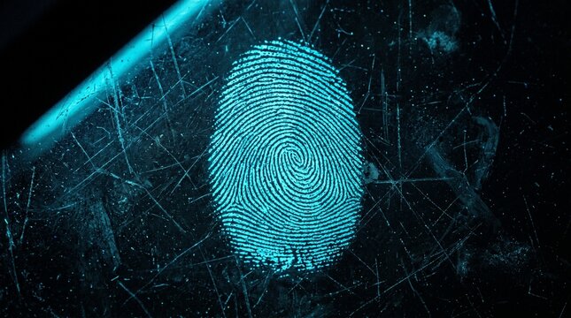 Glowing Cyan Fingerprint Evidence On Dark Scratched Surface