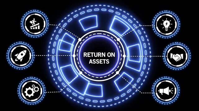Advanced Neon Blue Digital Network Illustrating Return on Investment Concepts with Icons for Growth, Rocket Launch, Gears, Lightbulb Idea, Handshake, and Megaphone on a Black Canvas