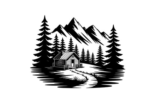 Cozy cabin nestled among tall pine trees in a mountain forest