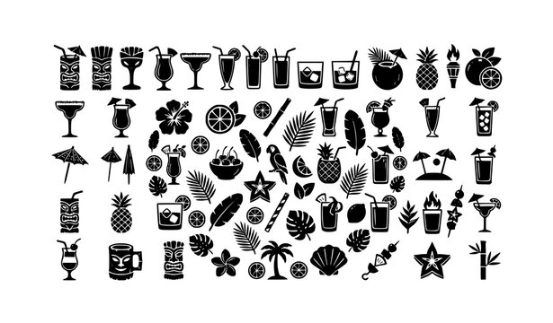 Tropical cocktail silhouette icons with tiki masks pineapple drinks umbrellas and beach party beverage elements